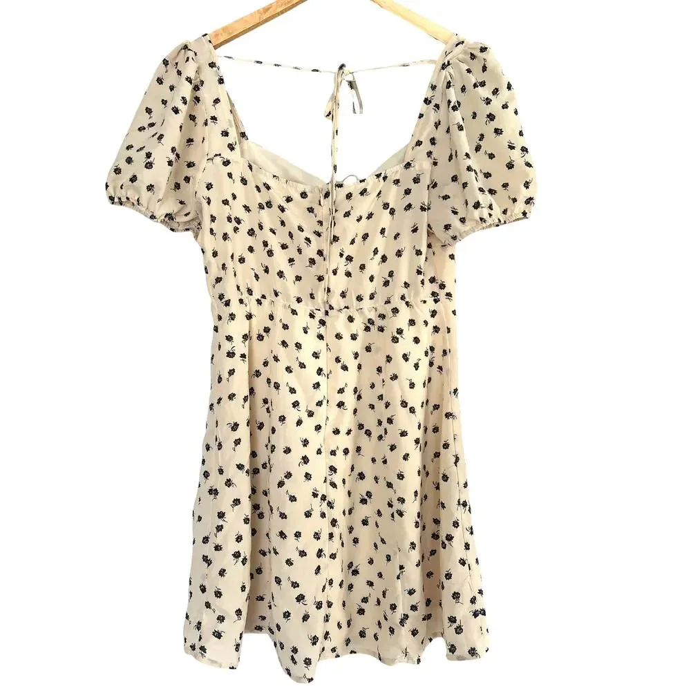 French Kiss Cream Floral Mini Dress Puff Sleeve Tie Front Size M - Picture 4 of 8